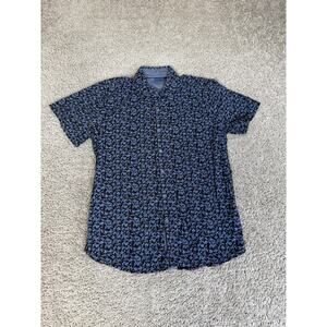 SMASH Shirt Boys 14 Blue Black Floral Button-Up Short Sleeve 100% Cotton Top
